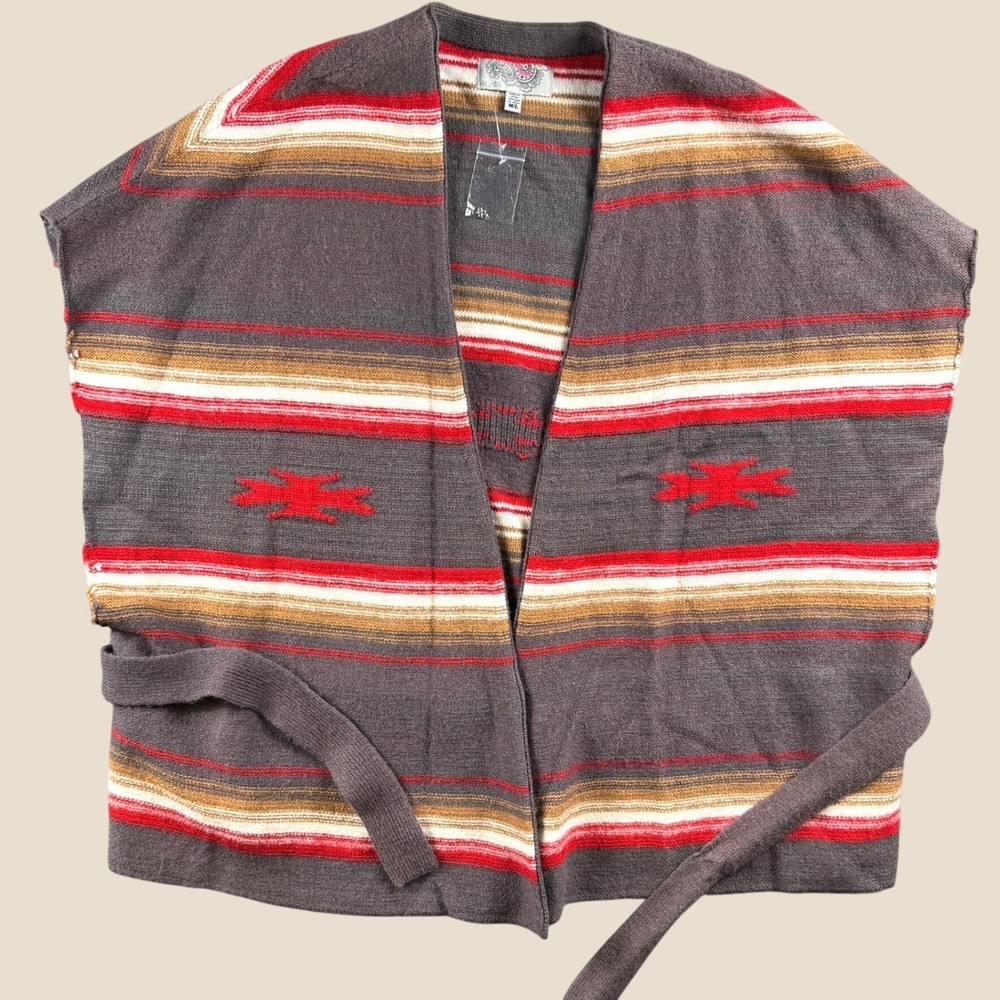 New Ecote Sweater Vest Womens M/L Brown Southwestern Wool Belted Boho Cardigan